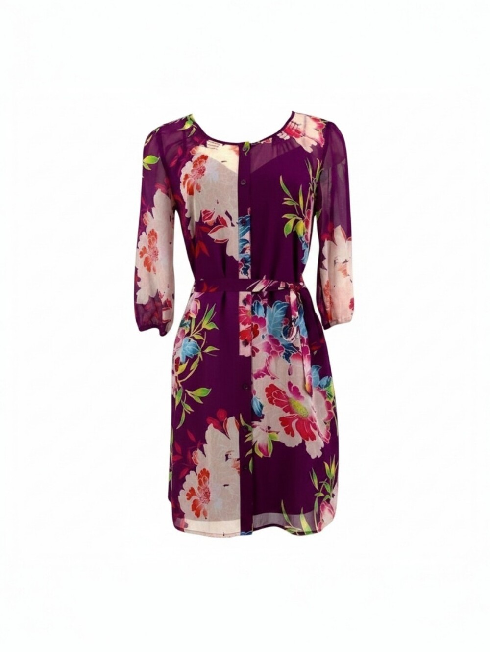 Express Floral Purple Button-Front Tropical Boho Mini Dress, Tie Waist, EUC, 2